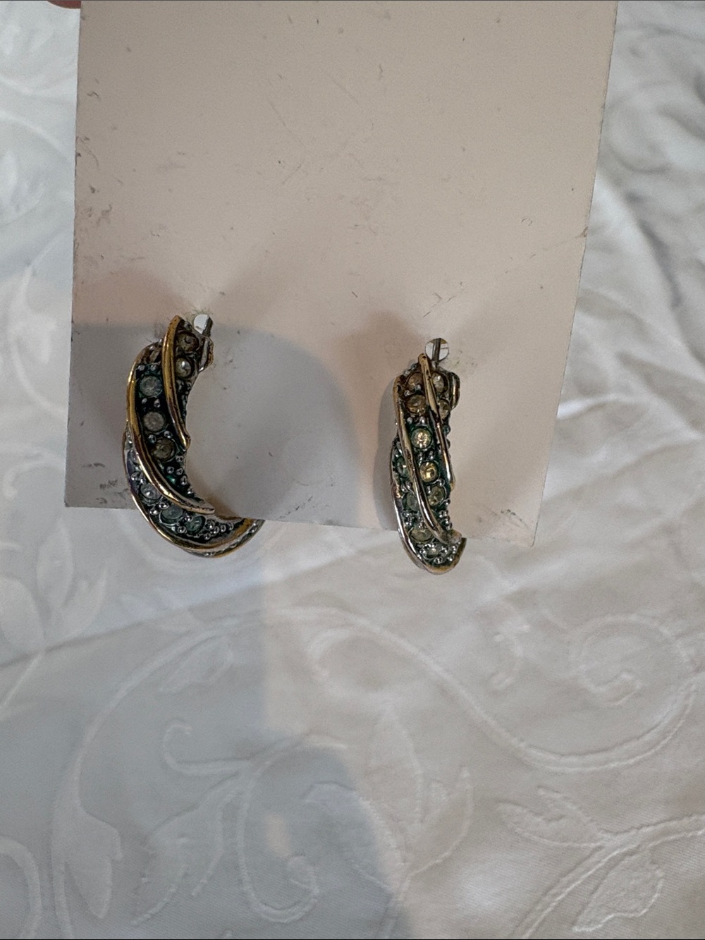 Silver-Tone Crystal Crescent Hoop Earrings - Green Accents